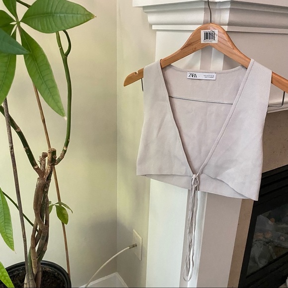 ZARA Gray Plunge Tie Front Knit Crop Top - Picture 3 of 6